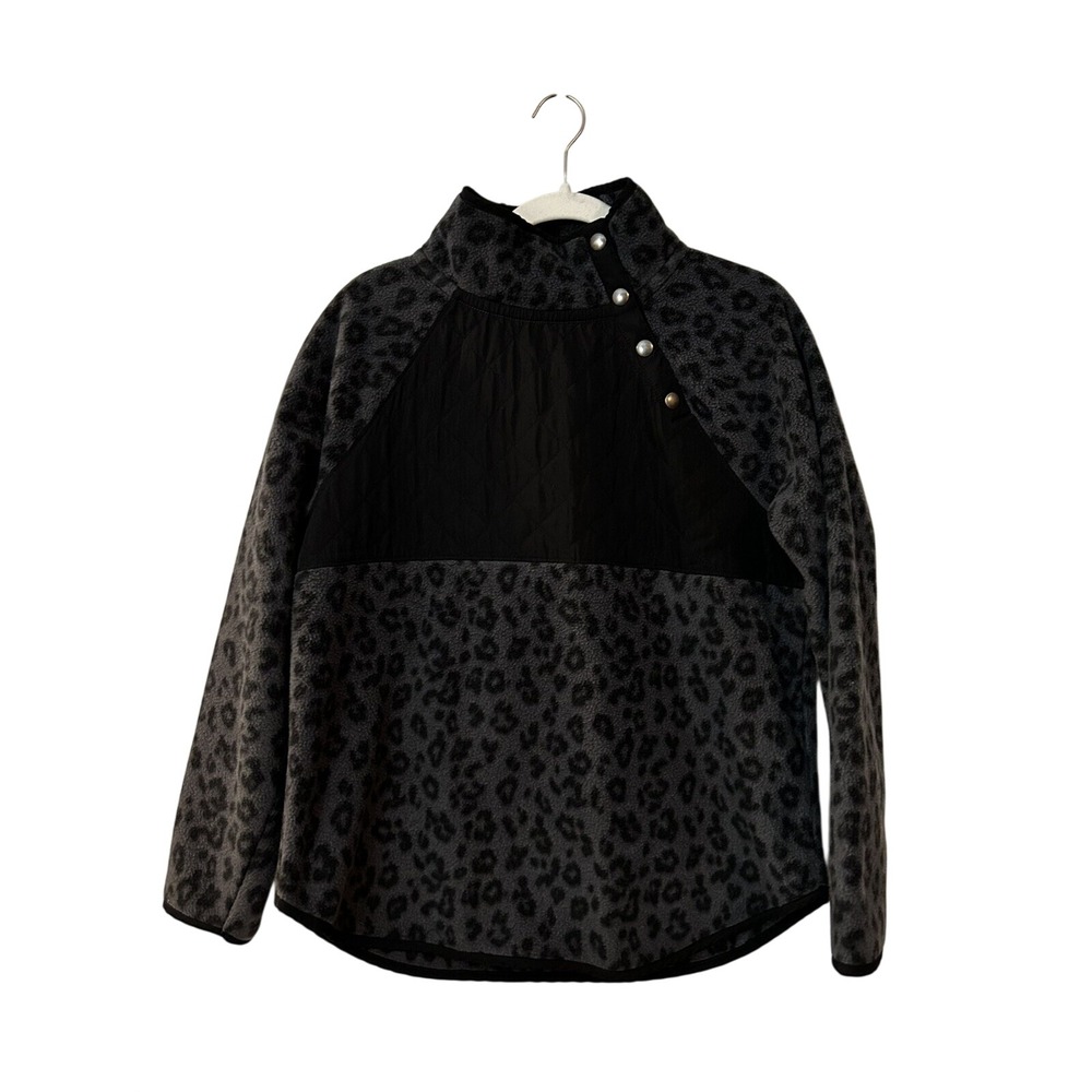 J Crew Womens M Quilted Sherpa Fleece 1/4 Button Pullover Black Gray Leopard